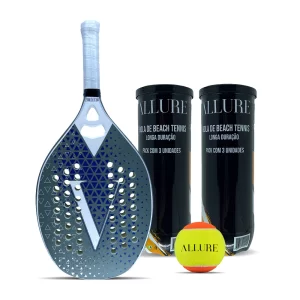 Kit com 1 Raquete Beach Tennis Allure Full Carbon (White Blue) + 2 Packs com 3 Bolas Allure